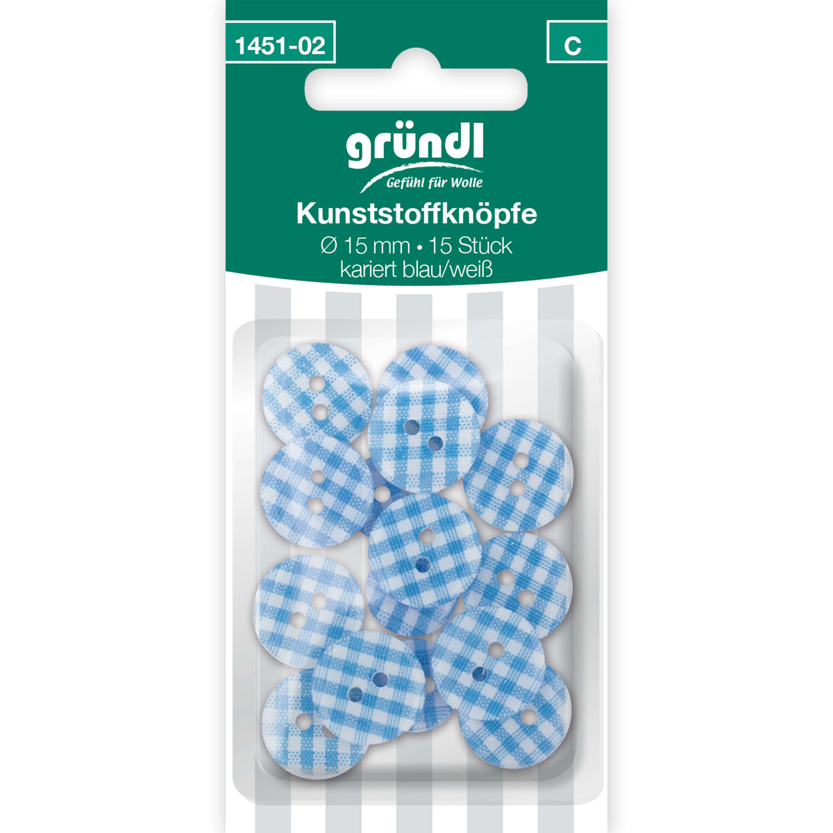 Kunststoffknöpfe, 15 Stück - blau weiss kariert