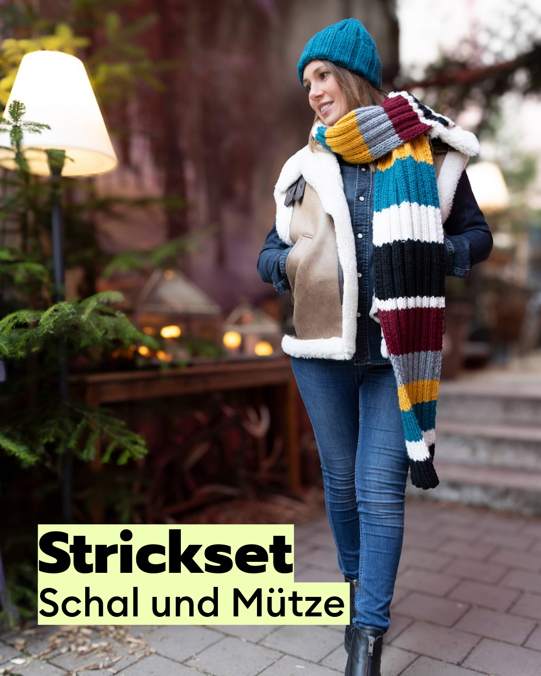 Kit de tricot écharpe multicolore à rayures et bonnet