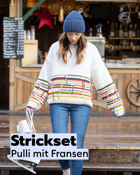Knitting kit: sweater with thin stripes and fringes + hat