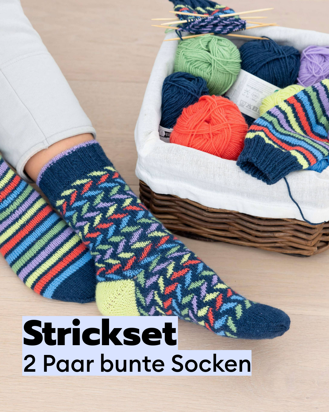 Strickset für 2 Paar bunte Socken