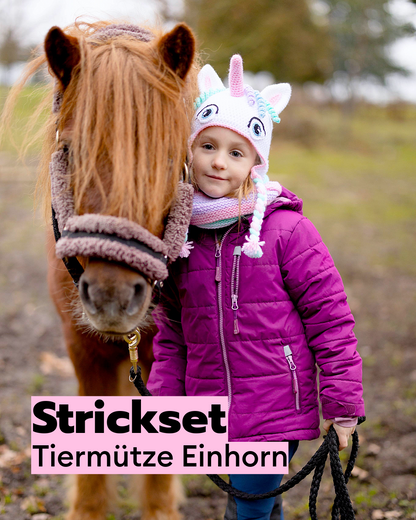 Strick- und Häkelset Tiermütze Einhorn