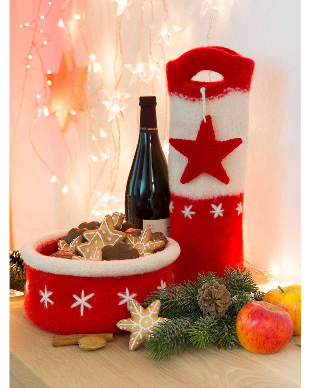 Anleitung Weihnachtliche Flaschen-Geschenktasche und Körbchen