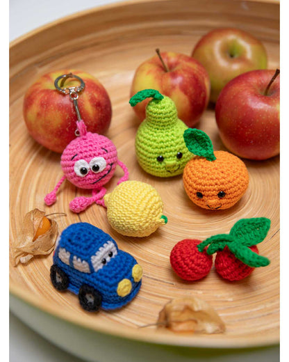 Amigurumi-Set „Happy“ - Zitrone, Mandarine, Birne, Kirschen, 
Smiley, Auto