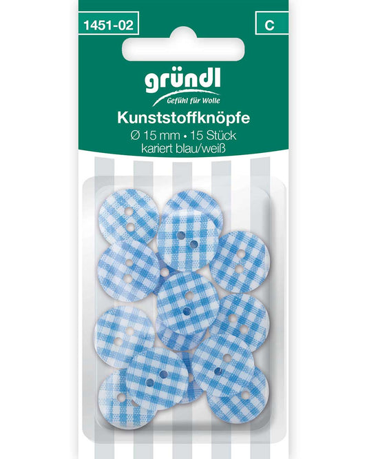Boutons en plastique – 15 pcs - blau weiss kariert